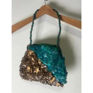 Vintage Handmade Mido Shell Turquoise and Wood Handbag